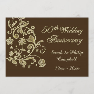 Gouden bloemige krullen, harten 50 Huwelijksjubile Kaart