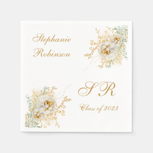 Gouden Bloemige Monogram Afstuderen Servet (Voorkant)