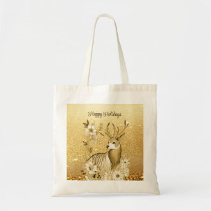 Gouden Bloemige Rendier Boodschappentas Tote Bag
