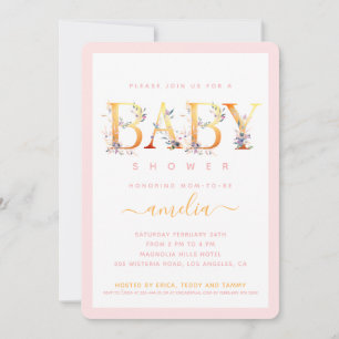 Gouden bloemige roze babymeisje shower uitnodiging