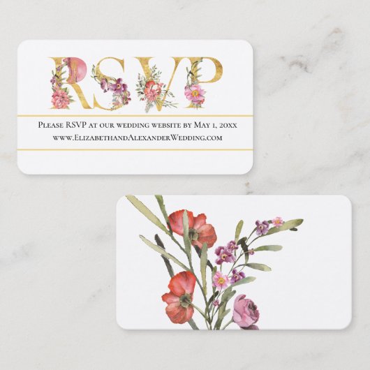 Gouden Bloemige RSVP Trouwwebsite  Visitekaartje (Voorkant / Achterkant)