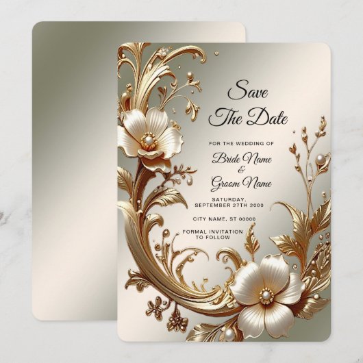Gouden Bloemige Save the Date (Voorkant / Achterkant)
