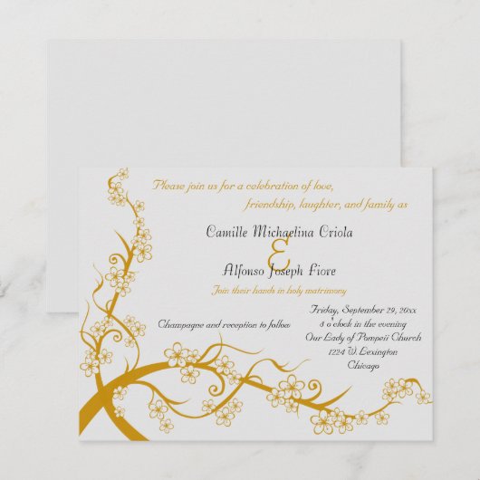Gouden bloemige trouwuitnodiging kaart (Voorkant / Achterkant)
