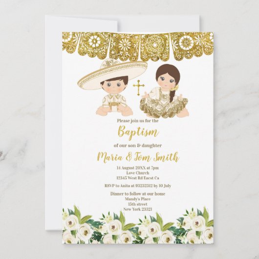 Gouden bloemige tweeling uitnodiging voor doopfees (Voorkant)