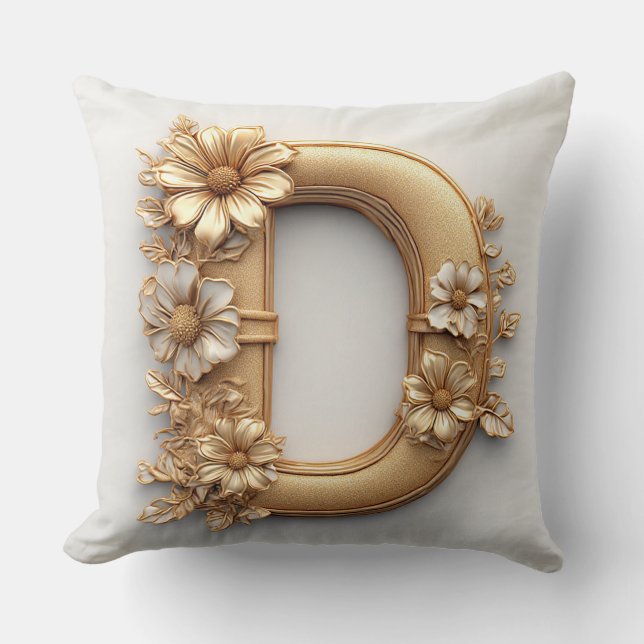 Gouden Bloemletter D Monogram Decoratie 🌸 Kussen (Voorkant)
