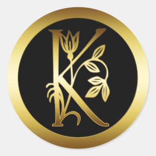 GOUDEN BLOEMMONOGRAM LETTER K RONDE STICKER