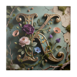 Gouden bloemmotief met patina Letter K monogram Tegeltje