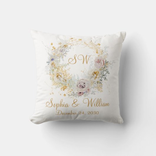 Gouden bloemmotief Monogram Logo Trouwcadeau Kussen (Voorkant)