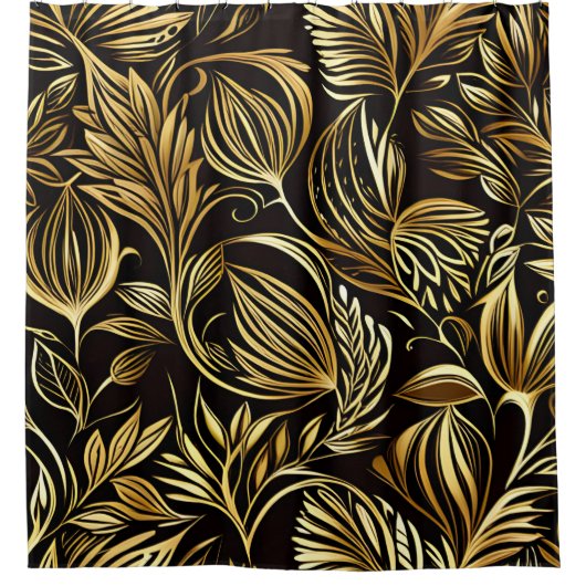Gouden bloemmotief op zwart douchegordijn (Voorkant)
