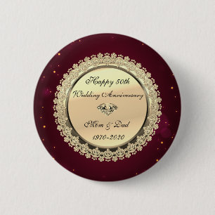 Gouden bloemmotieven rode 50ste huwelijksverjaarda ronde button 5,7 cm