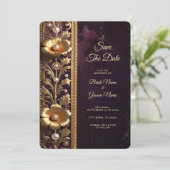 Gouden Bloemornament met Parels Save The Date (Staand voorkant)