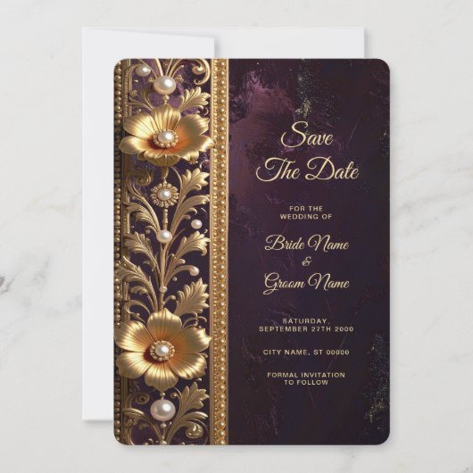 Gouden Bloemornament met Parels Save The Date (Voorkant)