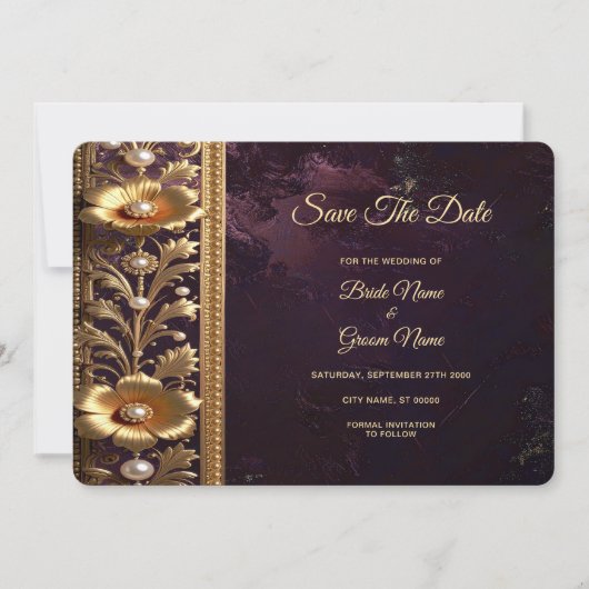Gouden Bloemornament met Parels Save The Date (Voorkant)