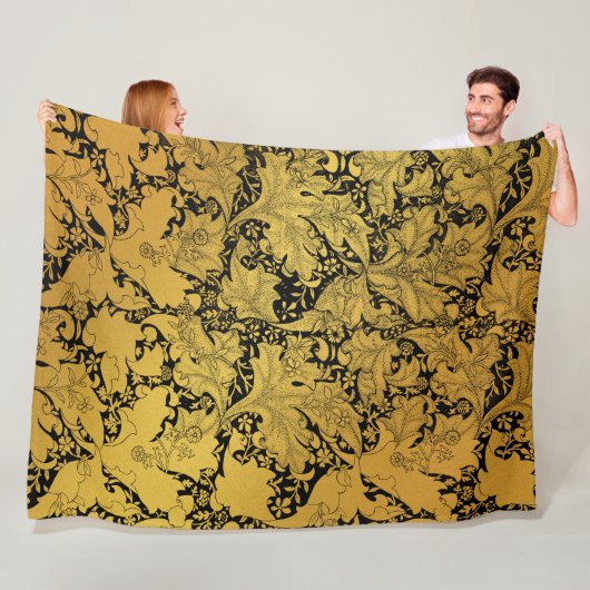 Gouden Bloempatroon Oriëntaalse Bloem Fleece Deken (In situ)