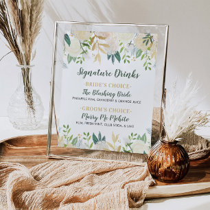 Gouden bloemrijke groene huwelijks signature-drank poster