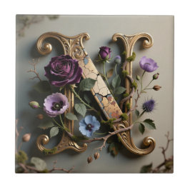 Gouden bloemrijke patina letter N monogram Tegeltje