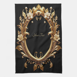 Gouden Bloemrijke Sierlijke Frame Keukenhanddoek