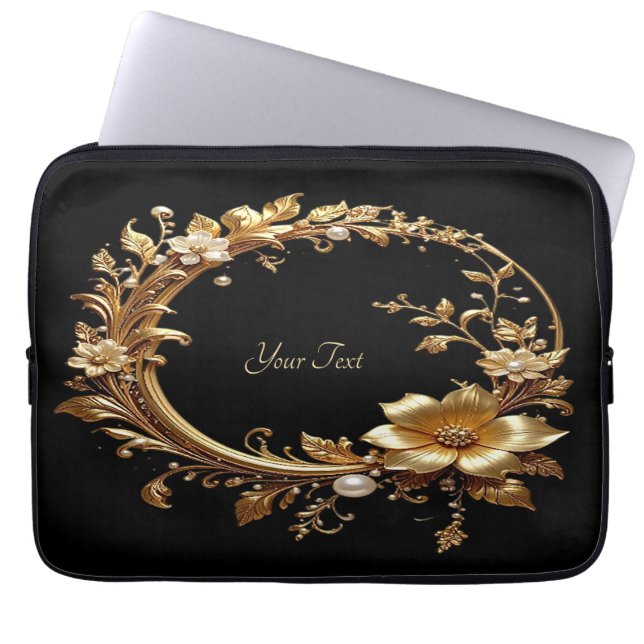 Gouden Bloemrijke Sierlijke Frame Laptop Hoes (Voorkant)