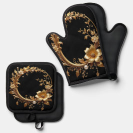 Gouden Bloemrijke Versierde Ovenwant en Pannenlap Ovenwant & Pannenlap Set