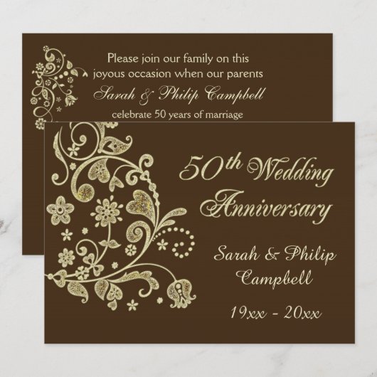 Gouden bloemslingers, harten 50 Huwelijksjubileum Kaart (Voorkant / Achterkant)