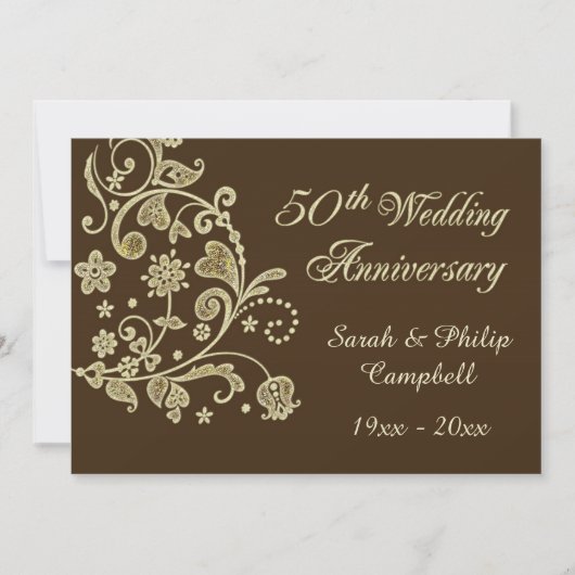 Gouden bloemslingers, harten 50 trouwdag kaart (Voorkant)
