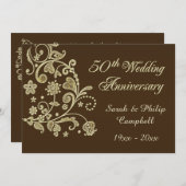 Gouden bloemslingers, harten 50 trouwdag kaart (Voorkant / Achterkant)