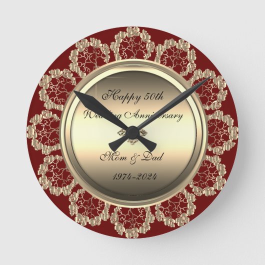 Gouden Bloemslingers Rood 50-jarig Huwelijksjubile Ronde Klok (Voorkant)