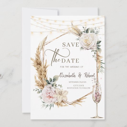 Gouden bloemstuk champagne trouw 'Save The Date' Save The Date (Voorkant)