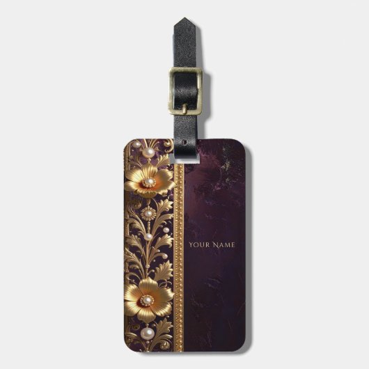 Gouden Bloemversiering Bagage Label (Voorkant verticaal)