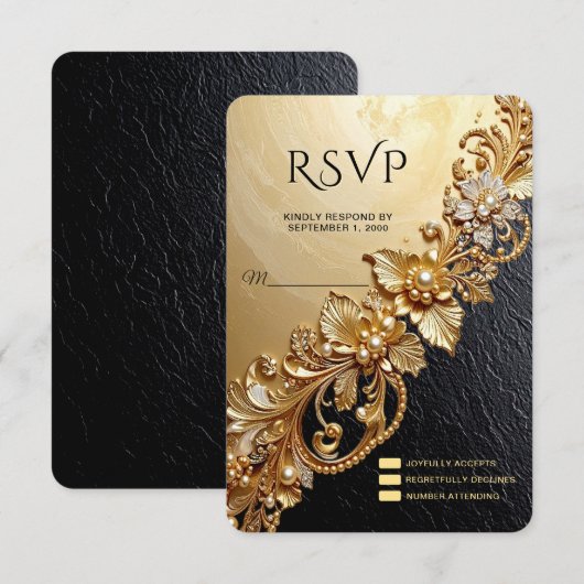 Gouden Bloemversiering RSVP Kaart (Voorkant / Achterkant)