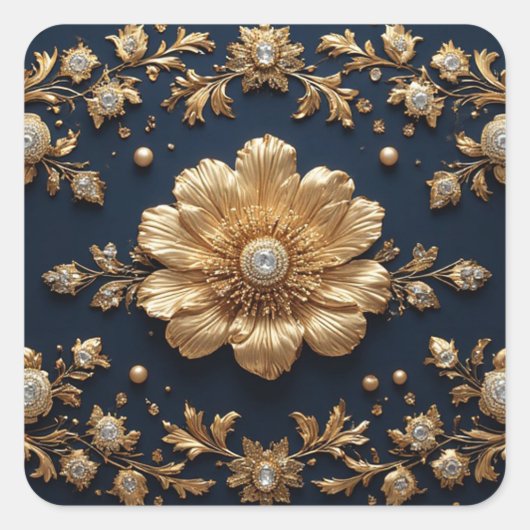 Gouden Bloemversiering Vierkante Sticker (Voorkant)