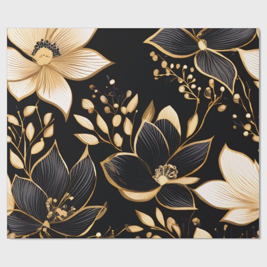 Gouden Bloesems: Zwart & Goud Bloemen Patronen Cadeaupapier (Vlak)