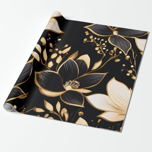 Gouden Bloesems: Zwart & Goud Bloemen Patronen Cadeaupapier (Uitgerold)