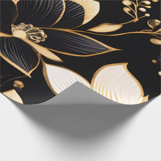 Gouden Bloesems: Zwart & Goud Bloemen Patronen Cadeaupapier (Hoek)
