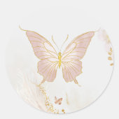 Gouden blos roze vlinder ronde sticker (Voorkant)