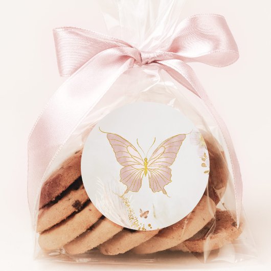 Gouden blos roze vlinder ronde sticker