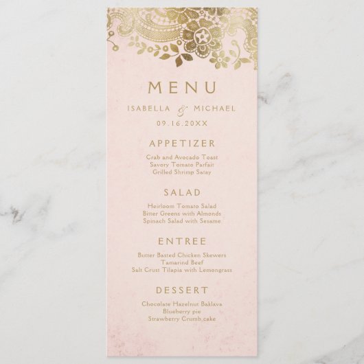 Gouden blozende elegante vintage kant trouwmenu menu (Voorkant)