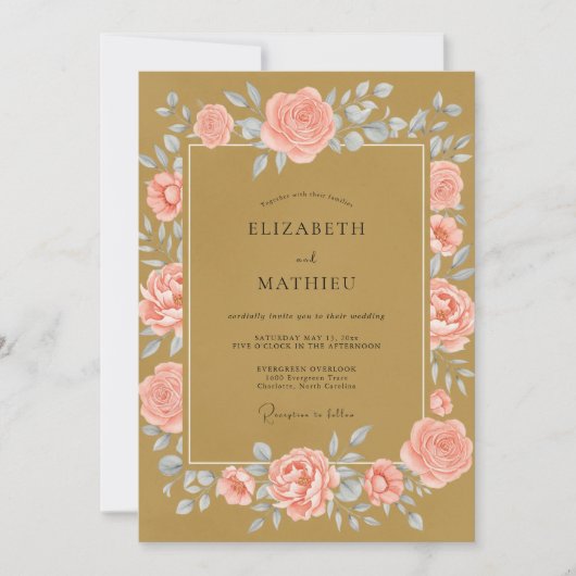 Gouden Blush Blad Bruiloft Kaart (Voorkant)