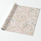 Gouden Blush Bloemen Bruiloft Wrap Cadeaupapier (Uitgerold)