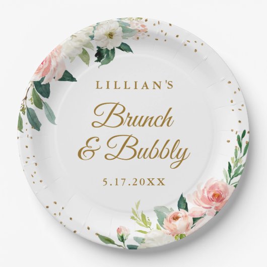 Gouden Blush Bloemen Brunch En Bubbelwijn Papieren Bordje (Voorkant)