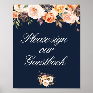 Gouden Blush Bloemen Navy Bruiloft Gastenboek teke Poster