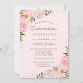 Gouden Blush Bloemen Waterverf Quinceanera Kaart (Voorkant)