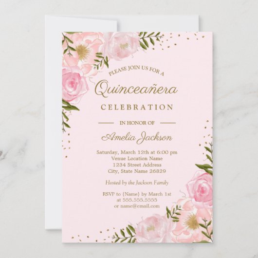 Gouden Blush Bloemen Waterverf Quinceanera Kaart (Voorkant)