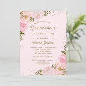 Gouden Blush Bloemen Waterverf Quinceanera Kaart (Staand voorkant)