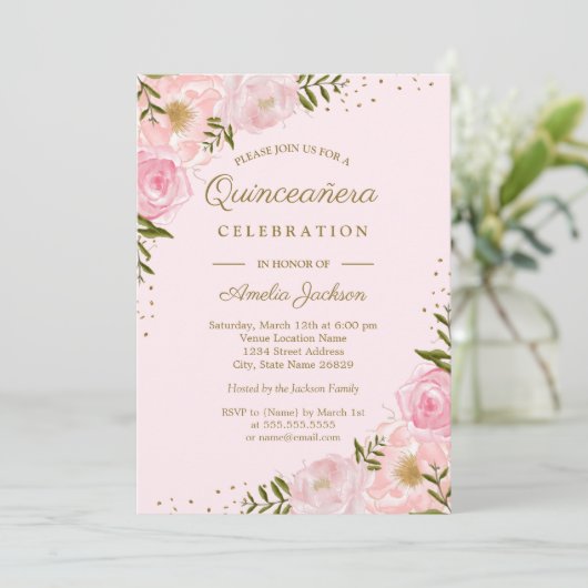 Gouden Blush Bloemen Waterverf Quinceanera Kaart (Staand voorkant)