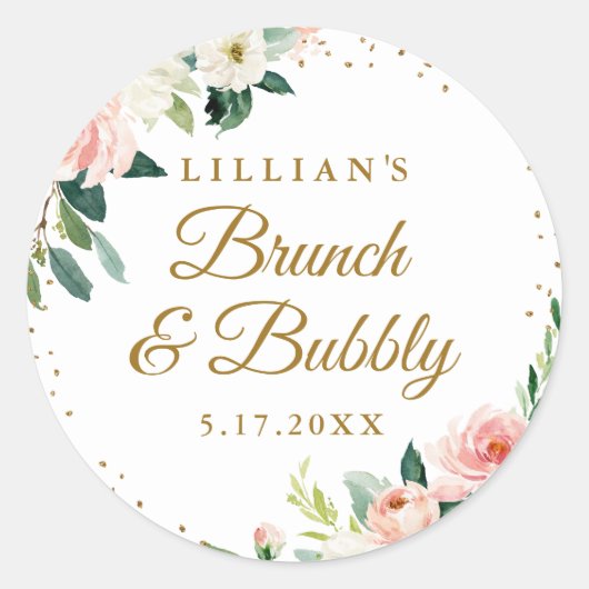 Gouden Blush Bloemige Brunch En Bruis Ronde Sticker (Voorkant)