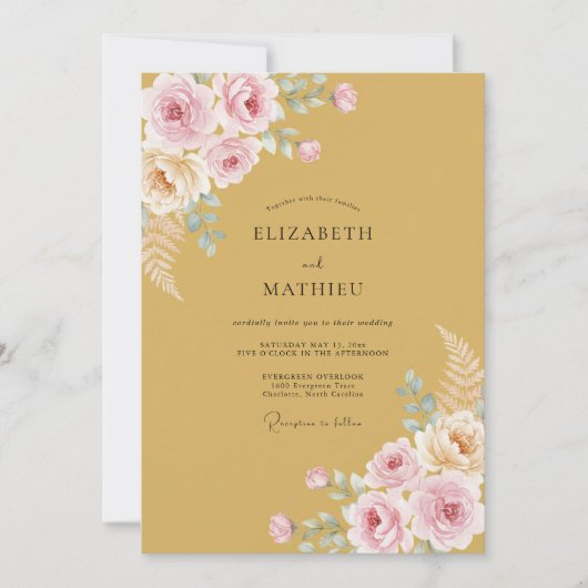 Gouden Blush Bloemige Romantische Bruiloft Kaart (Voorkant)