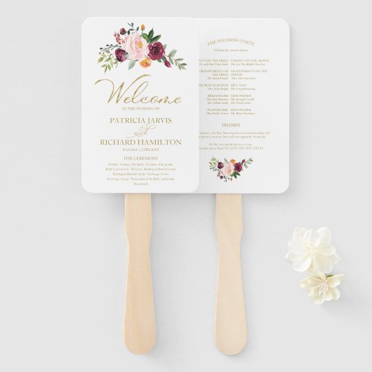 Gouden Blush Bourgondië Floral bruiloft programma Handwaaier (Voorkant en achterkant)