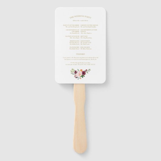 Gouden Blush Bourgondië Floral bruiloft programma Handwaaier (Achterkant)