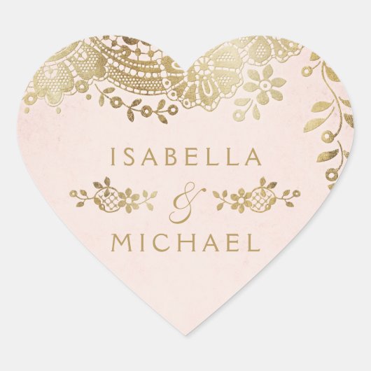 Gouden blush elegante  kant bruiloft gunst hart sticker (Voorkant)